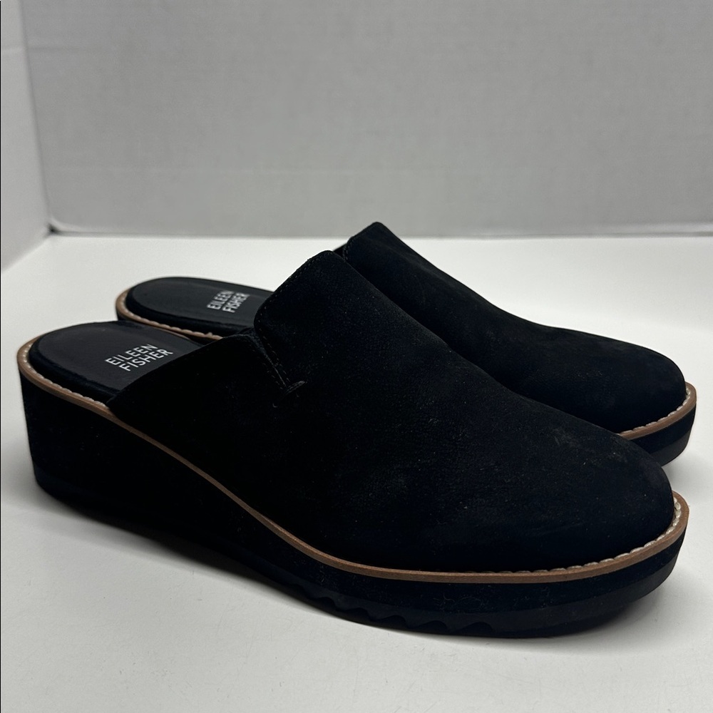 Eileen Fisher Loti Tumbled Wedges Mules Slip On Nubuck Suede Shoe Black Size 7.5